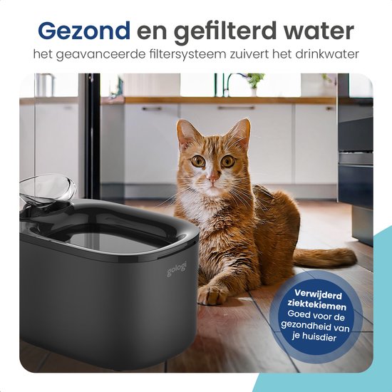 Gologi Drinkfontein Kat en Hond XL – 3,5L – Slimme Waterfontein met app – Kattenfontein – Geruisloos – Zwart