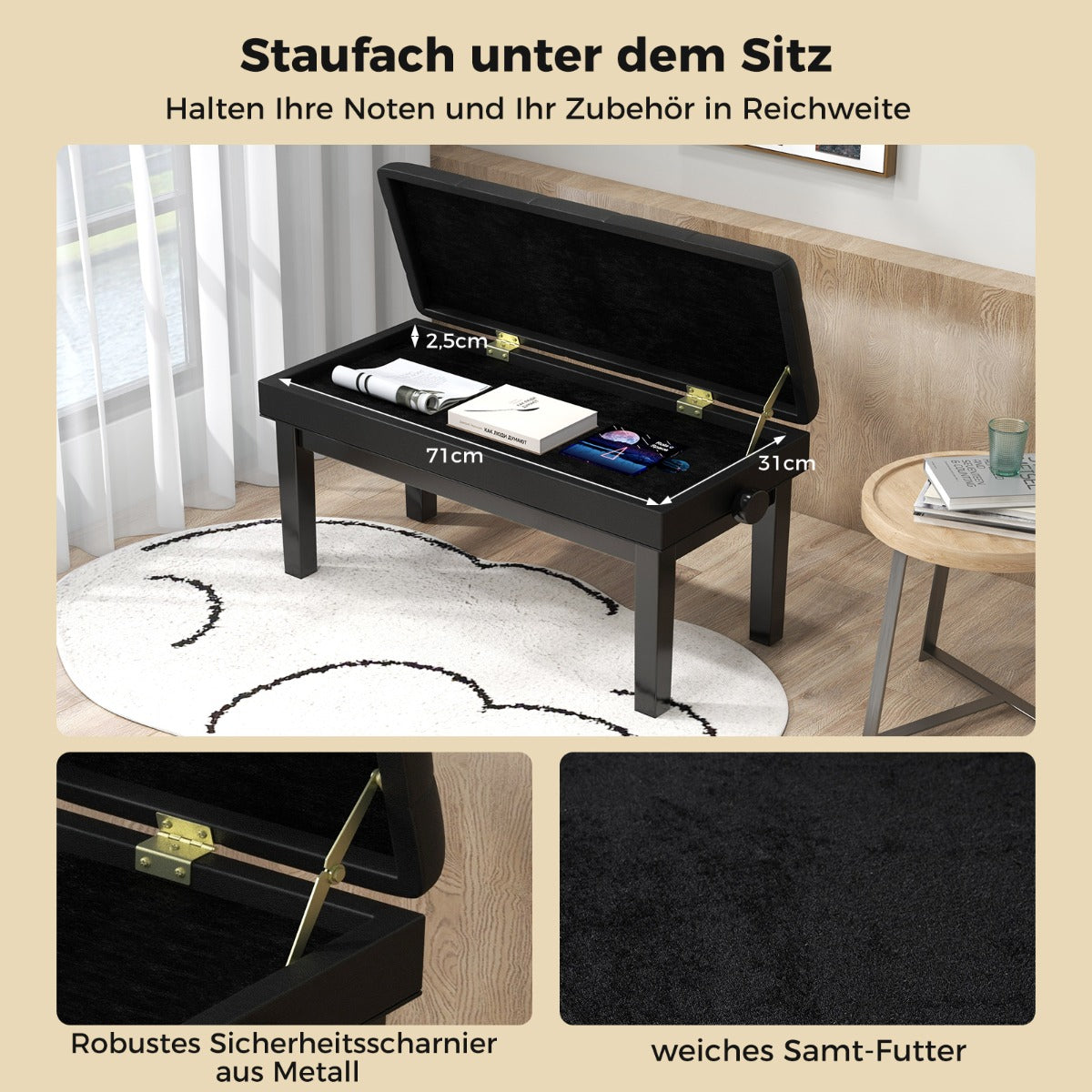Verstelbare duet-pianobank met Opbergruimte en Waterdicht gewatteerd kussen - 6 x 36 x 48-58 cm - Zwart