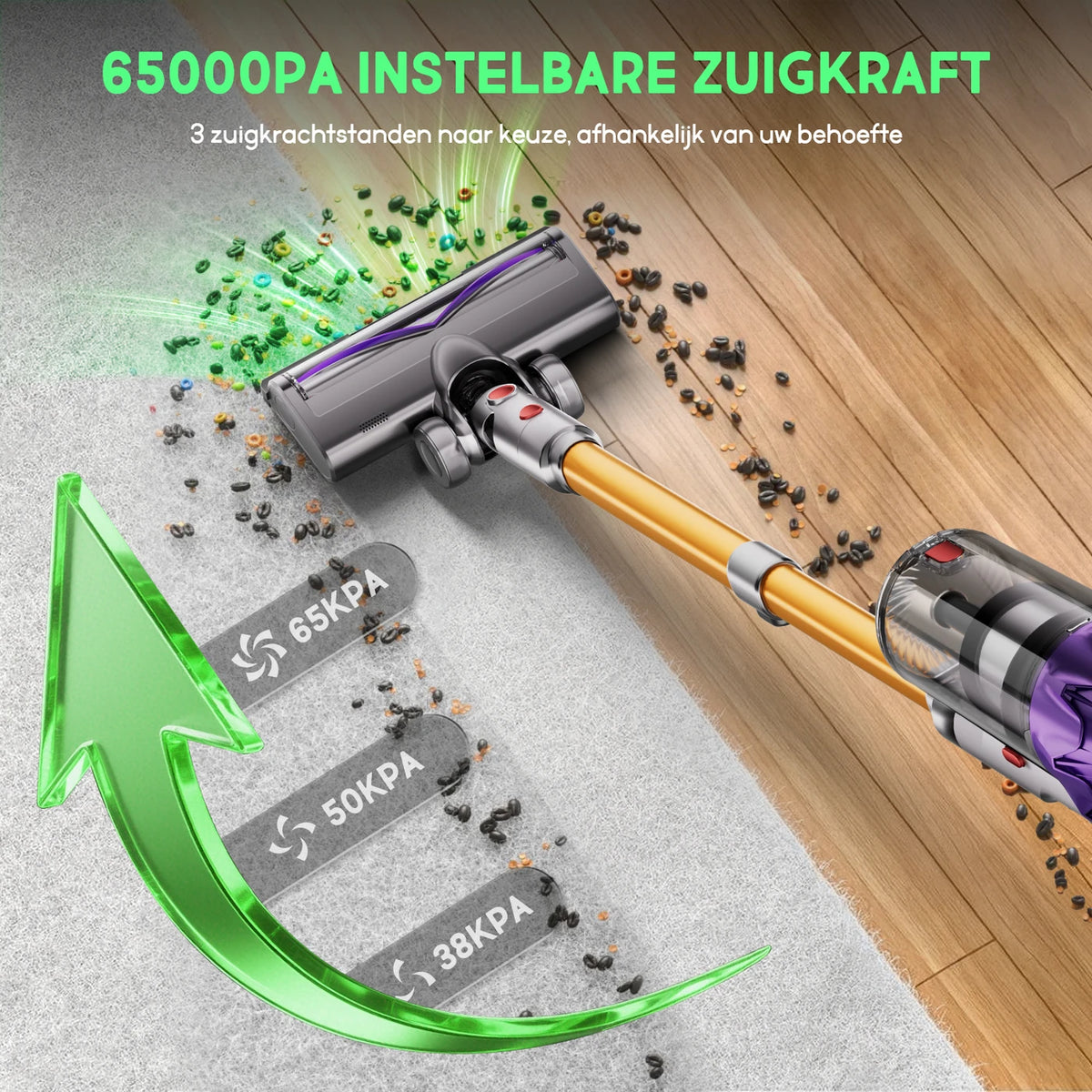 Daynee Draadloze Steelstofzuiger 65 kPa - Tot 70 Minuten Looptijd - Anti-Klit Borstel met LED - Ideaal voor Dierenhaar - Goud