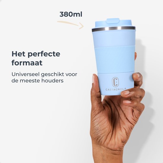 Castagnola Thermosbeker - Koffiebeker To Go - Travel Mug voor Koffie en Thee - Theebeker - 380 ML - RVS - Lichtblauw