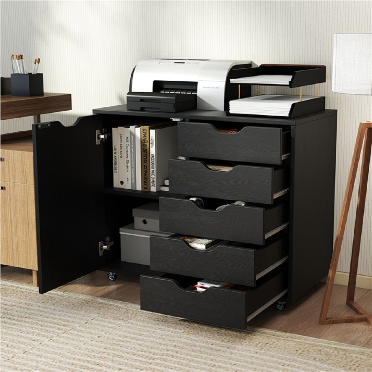 Coast Rollcontainer met 5 lades - deur en werkblad - met wielen - zwart - 79 x 39 x 65 cm