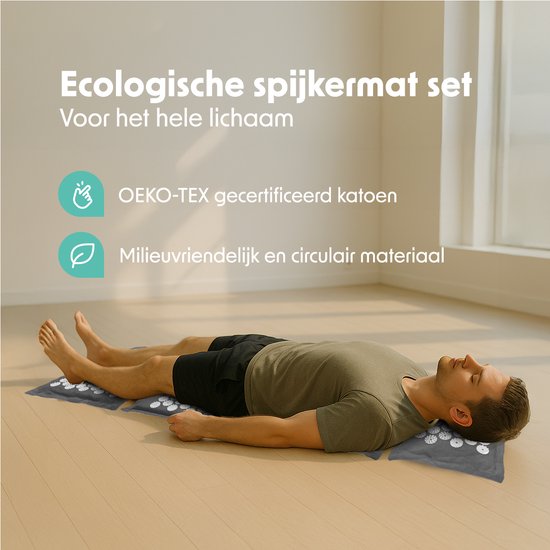 LifeGoods Acupressuur Mat Eco - Complete Set - Kussen / Draagtas / 2x Triggerpoint Bal - Shakti mat - Spijkermat - 72x43x2cm - Grijs/Wit