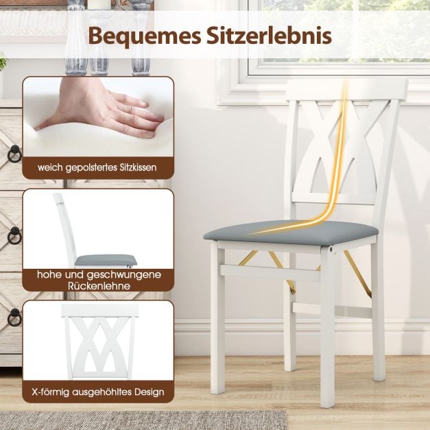 Coast Set van 2 Inklapbare Eetkamerstoelen Armloze Stoelen met Lattenrugleuning en Gestoffeerd Kussen - Rubberhout - 41 x 53 x 91 cm - Wit