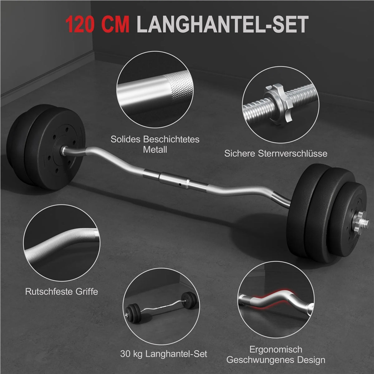 Yaheetech EZ-curl Halterset 30 kg – Voorzien Van Verchroomde Curlstang En 6 Beton-gewichtsschijven En Stersluitingen – Voor Krachttraining En Spieropbouw – Zwart Metaal Kunststof En Beton – 120 x 26 x 26 cm
