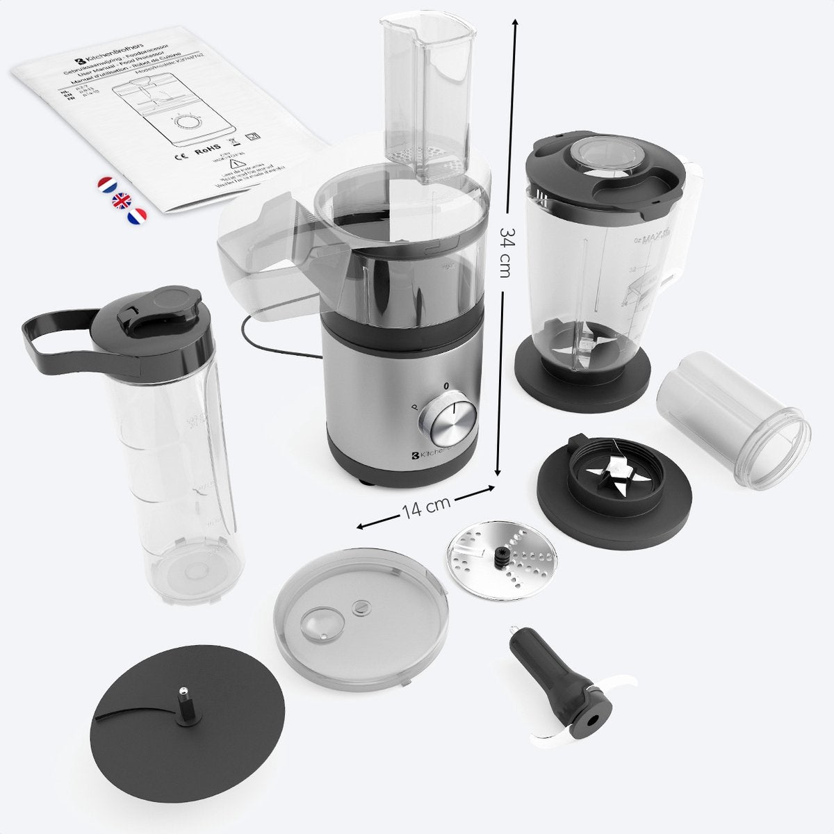 KitchenBrothers Foodprocessor – 4-in-1 Keukenmachine met Blender, Smoothie Blender, Hakmolen en Koffie- & Kruidenmolen – Compact en RVS