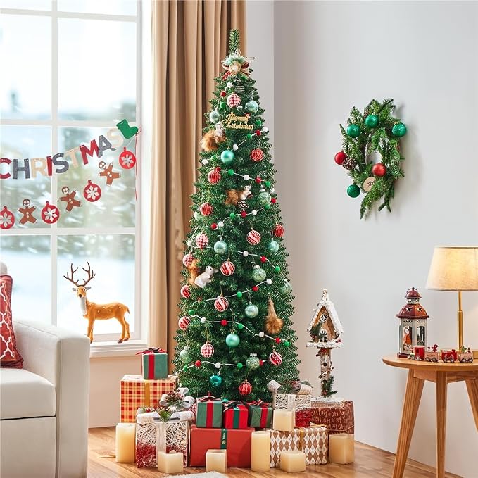 Yaheetech Kunstkerstboom Slank 183 cm - Groen - 390 Tips met Standaard