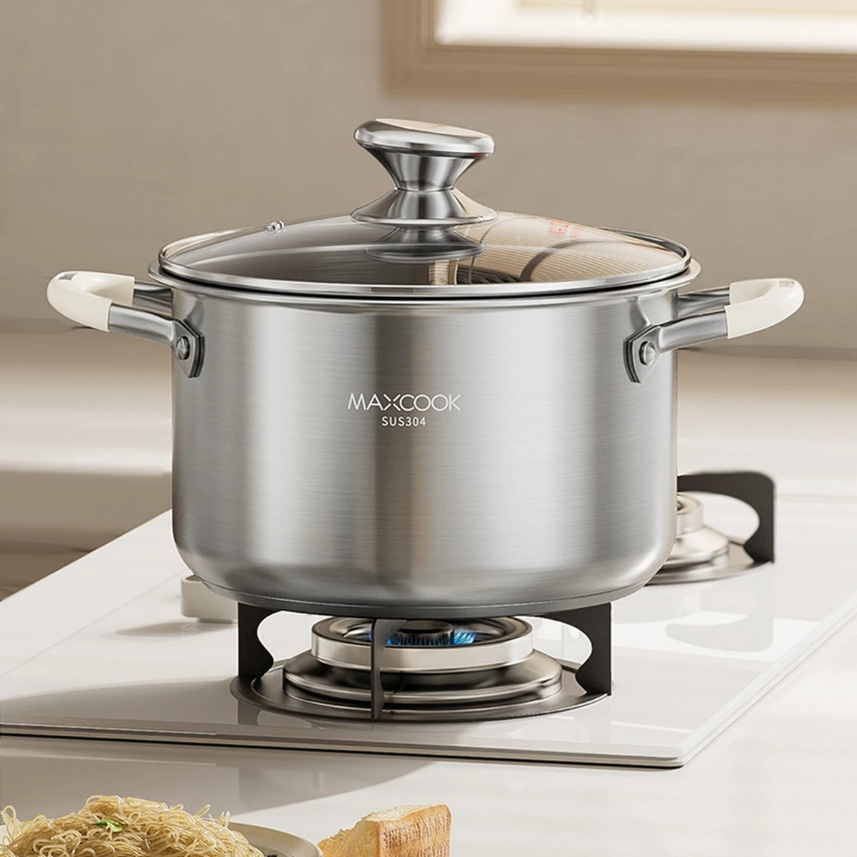 MAXCOOK Soeppan Ø22 cm - 4,3 Liter - RVS 304 - Geschikt voor Inductie - Glazen Deksel - Siliconen Handgrepen