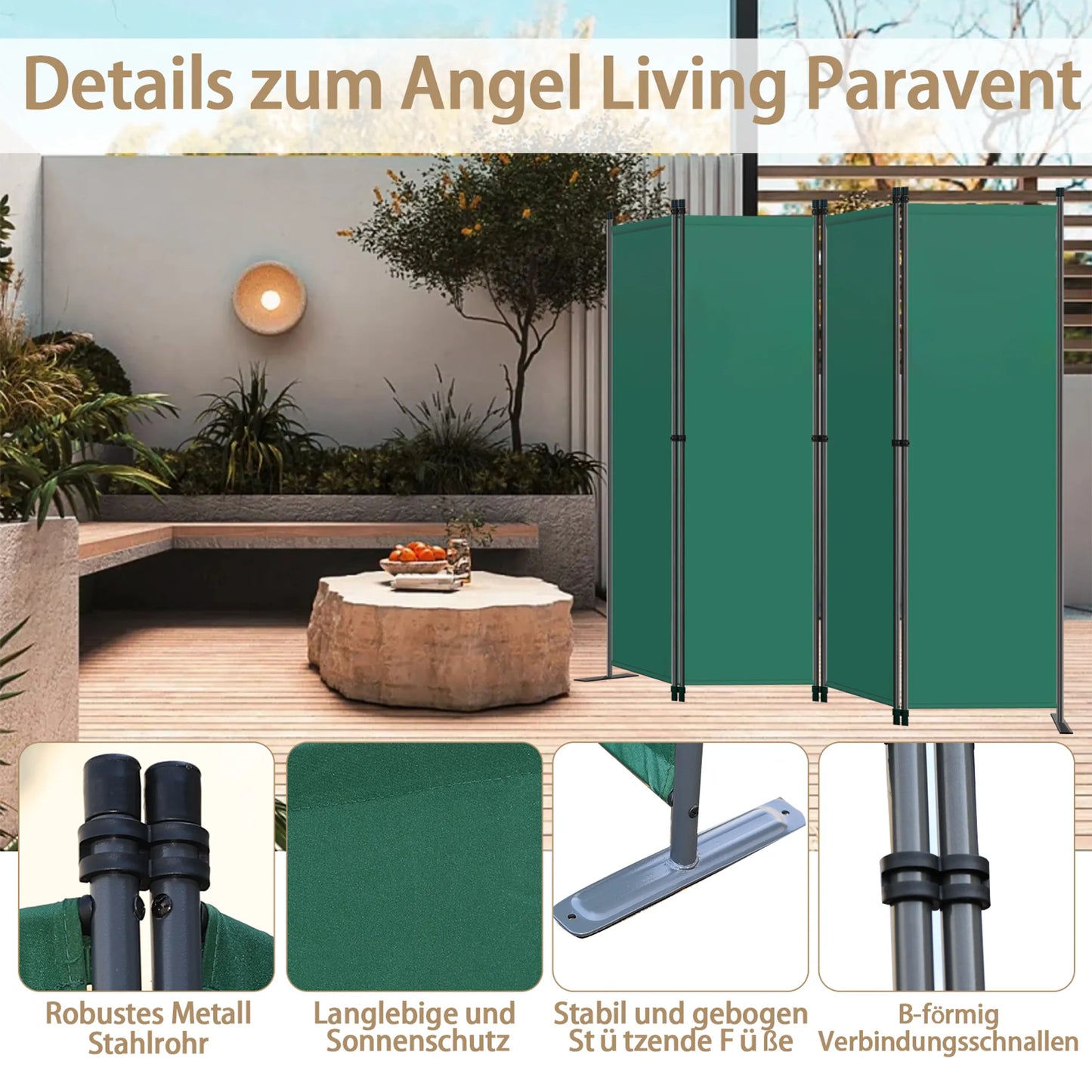 Angel Living - 4 delig vouwscherm - kamerscherm privacy scherm - staal en polyester - groen