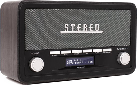 Denver DAB18DG DAB+/FM Retro Radio - Bluetooth - Dimbaar LCD - Hout - Donkergrijs - 14,8 x 26,1 x 11,3 cm