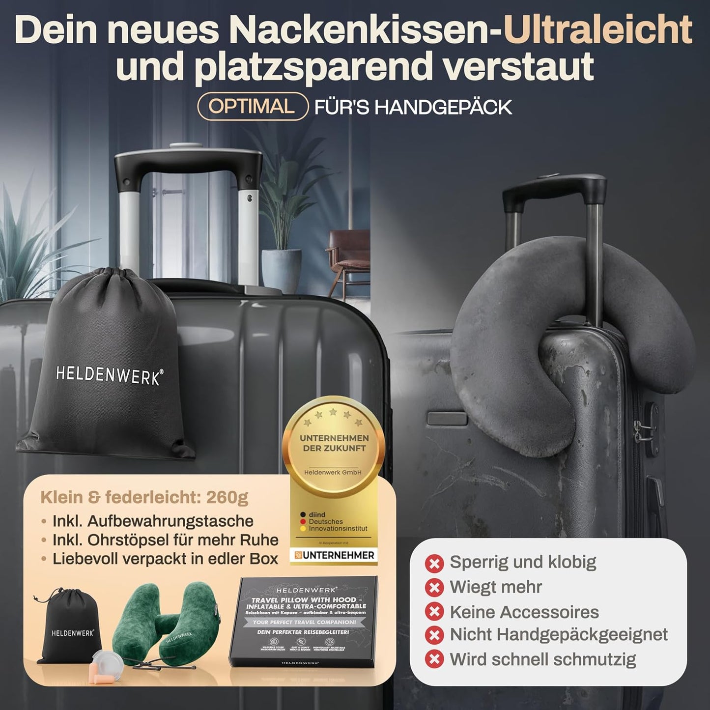 Heldenwerk® Premium Air Nekkussen – ErgoRing – Opblaasbaar – Met Capuchon & Oordopjes