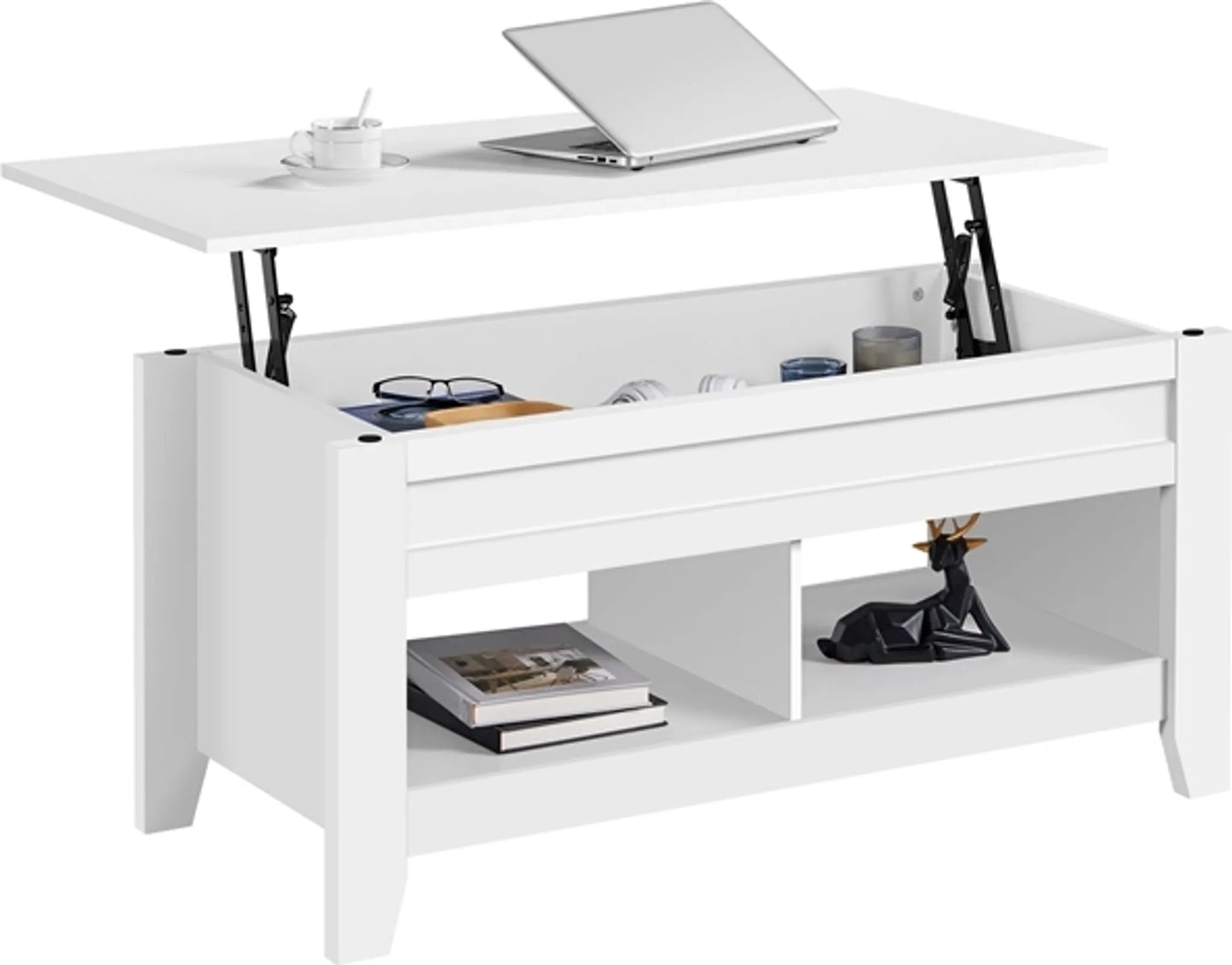 Yaheetech Salontafel Met Lift-Top Functie – Voorzien Van Verborgen Opbergruimte En Twee Open Planken En Veermechanisme – Voor Woonkamer En Kleine Ruimtes – Wit Mdf En Metaal – 104,5 x 49,5 x 49-61,5 cm