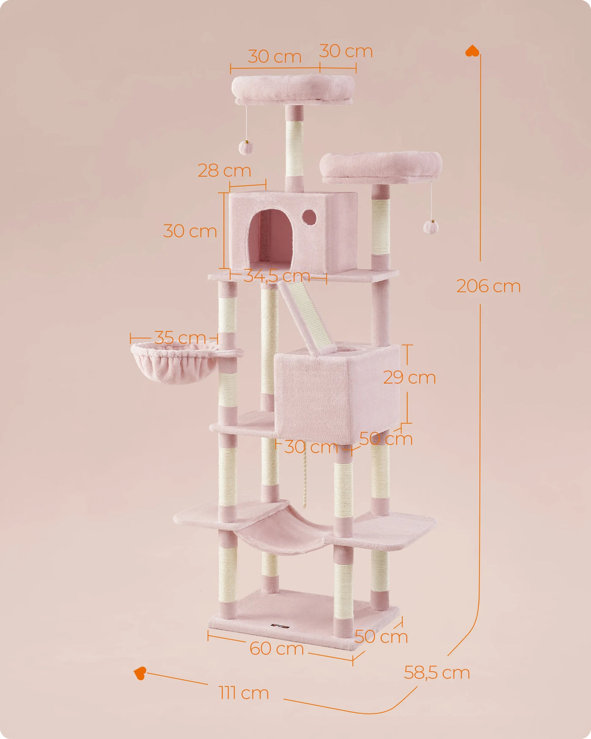 Joyfurnos Krabpaal 206 cm - XXL Kattentoren met 13 Krabstammen, 2 Kattenhuisjes & Hangmat - Roze