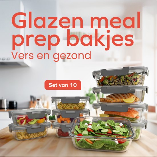 KitchenBrothers Meal Prep Bakjes - Vershoudbakjes Set - Luchtdicht - BPA-vrij - 1L en 370ml - Glas - 10 Stuks