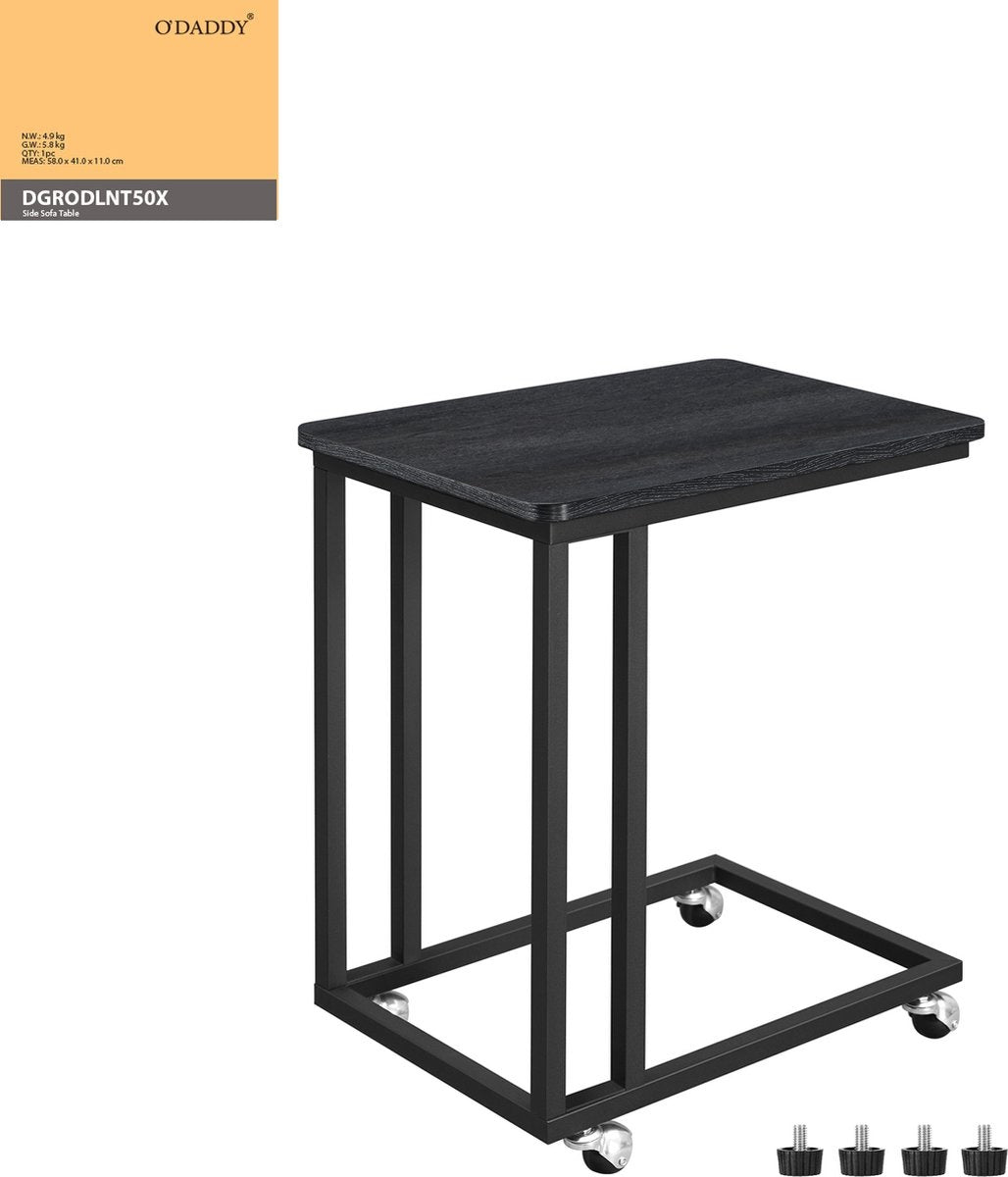 O'DADDY® Bijzettafel - bijzettafels - bijzettafel metaal met hout - bijzettafeltje - tafeltje - salontafels - bijzettafel zwart - bedtafeltje met wielen - bijzet tafel wielen - sidetable - bijzettafels met wielen - 50 x 35 x 55 cm - zwart - grijs