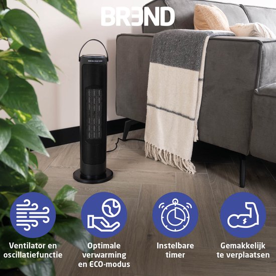 BREND BR-2221 Keramische Ventilatorkachel met ECO-modus en Thermostaat 15-35 °C - Elektrische Kachel – Verwarming – 2000W – Zwart