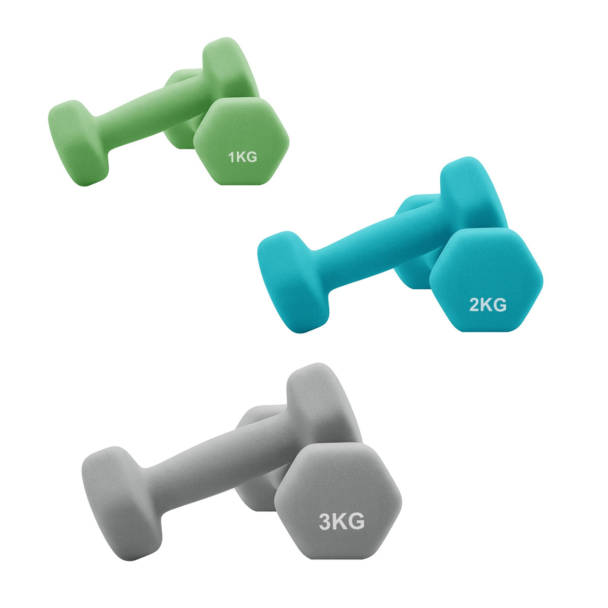 JOYFURNOS limoengroen - blauwgroen en lichtgrijs set zeskantige dumbbells - inclusief standaard