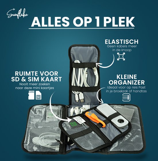 Opvouwbare Kabel Organizer Tas - Set van 2 - Compacte Elektronica Reis Kabeltasje Zwart - Sunflake