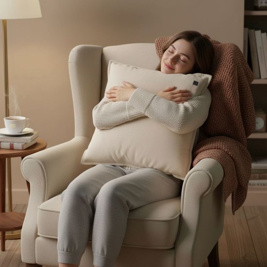 alpina Warmtekussen Oplaadbaar met Powerbank – Warmte kussen Elektrisch met 3 Warmtestanden – Verwarmingskussen met Fleece Hoes – 45x45cm – Beige