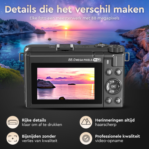 K&L 8K Digitale Camera Zonder 128GB SD-kaart - 88 MP - 18x Zoom - WiFi - 3,0" UHD - Vlogcamera
