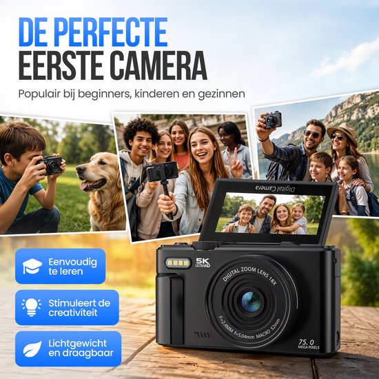 Strex Digitale Camera 5K 75MP - Fototoestel - Compactcamera met Wifi - Vlog Camera - Fotocamera voor Kinderen - 18x Zoom - Draaibaar Scherm - Zwart