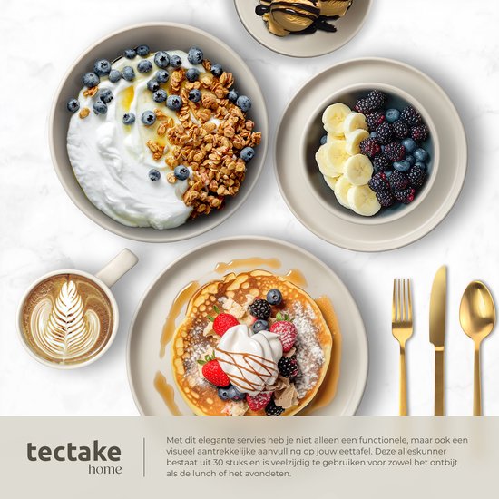 tectake® Serviesset Una - 30-delig - Aardewerk - 6 Persoons - Stijlvol en Duurzaam Servies - Bordenset met Grote en Kleine Borden, Kommen, Schaaltjes