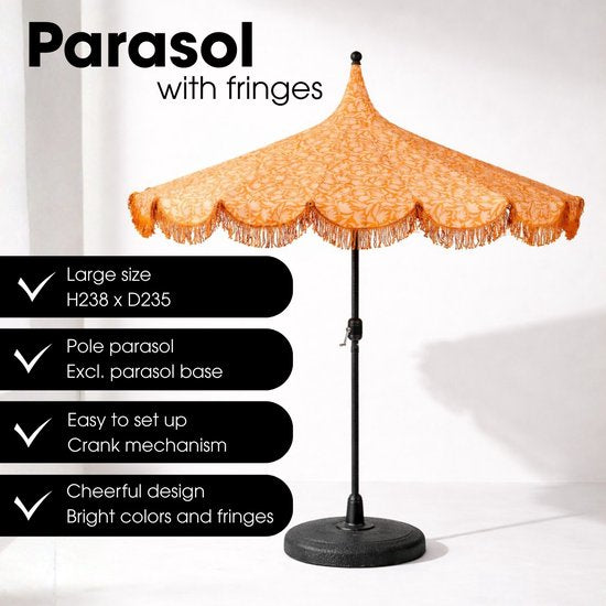 Mica Decorations Kelly Parasol met Draagtas - Stokparasol 238 x Ø235 cm - Tuin of Balkonparasol - Polyester, Staal - Oranje