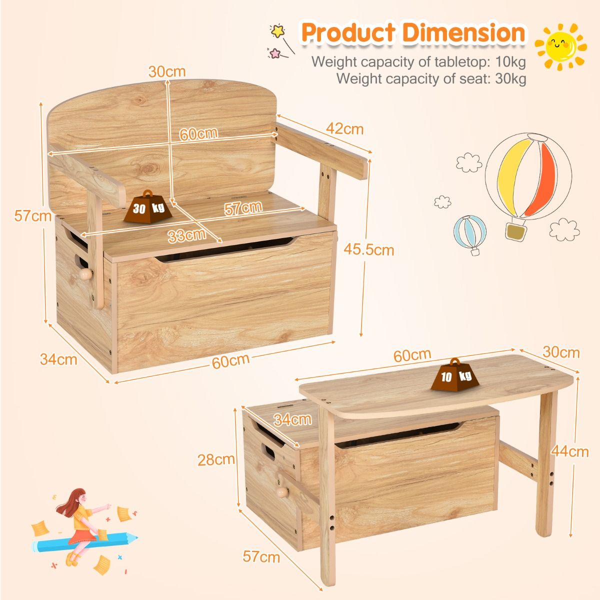 3 in 1 Kinderen Activiteitentafel met Bankje & Opbergbox – 60 x 56,5 x 43,5 cm – Natuurlijk