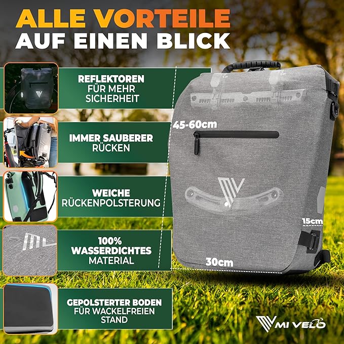 MIVELO Fietstas – 3-in-1 Rugzak & Schoudertas – Waterdicht Thermoplastisch Polyurethaan – 20 liter – Grijs