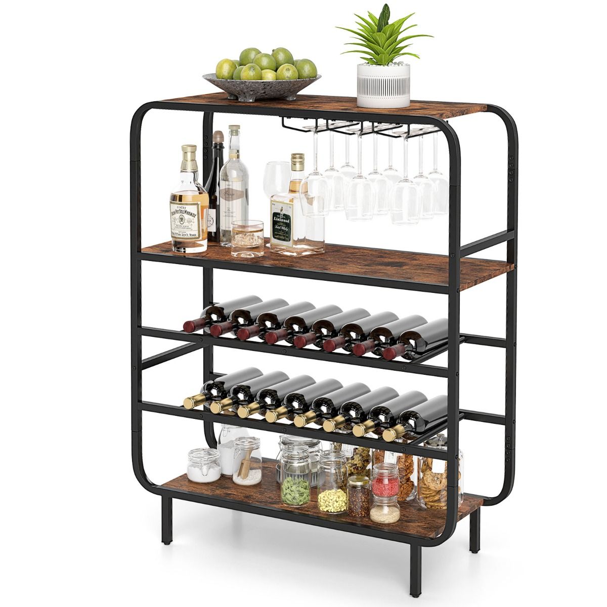 Coast Wijnrek - vijf lagen - glazenhouder en tafelblad - zwart en rustiek bruin - 91 x 35 x 117 cm