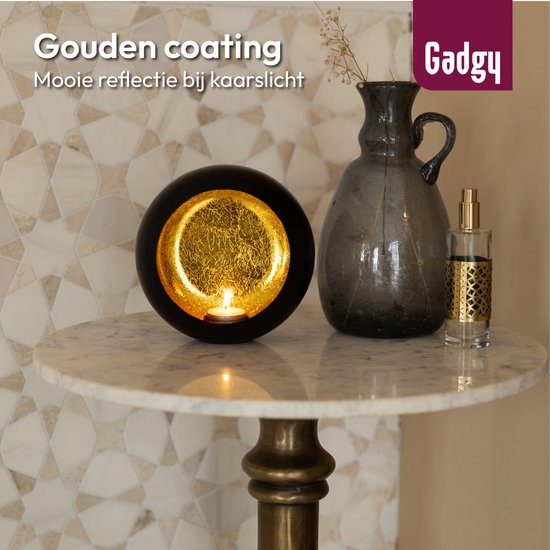 Gadgy Waxinelichthouder Rond - Theelichthouders - Kerst Decoratie Woonkamer - Sfeerverlichting Binnen - Kaarsenhouders voor Waxinelichten 17x17 cm - Windlicht Metaal - Zwart/Goud - Cadeau voor Vrouw