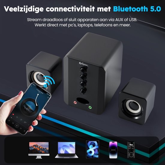 Faas - PC Speakers 2.1 - Bluetooth 5.0 - Ingebouwde Microfoon - USB-C & USB-A Aansluiting - Stereo Speaker Set - Zwart
