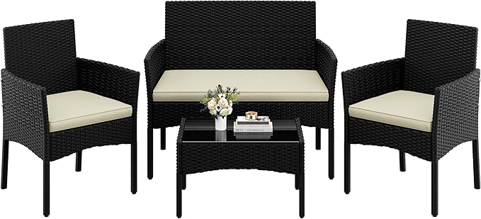Yaheetech 4-delige Polyrattan Loungeset – 2-Zitsbank, 2 Stoelen & Glazen Tafel – Zwart/Grijs