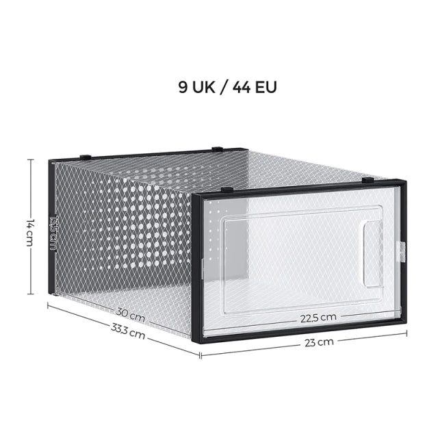 Songmics Opvouwbare Schoenendozen 18 stuks - 33,3 x 23 x 14 cm – Zwarte Kunststof Opbergboxen Met Deurtje