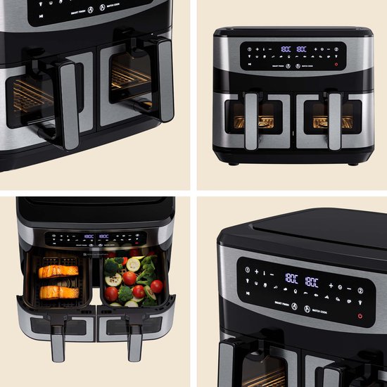 KitchenBrothers Dubbele Airfryer - 2400W - Dual Zone - 9L - Heteluchtfriteuse - Airfryer XXL - 2 x 4.5L - 10 Kookprogramma's - RVS/Zwart