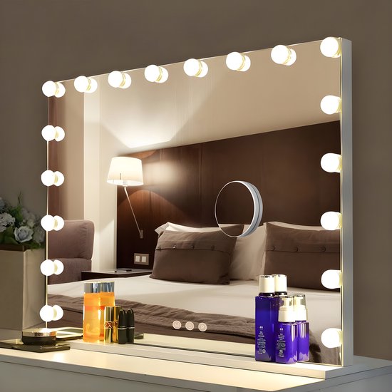 Bayt Hollywood Spiegel met Verlichting - Make Up Spiegel met Verlichting - Spiegel met Verlichting - Hollywood Spiegel 80x60 - Dimbaar - 10x Vergroting - 80x60cm - Wit