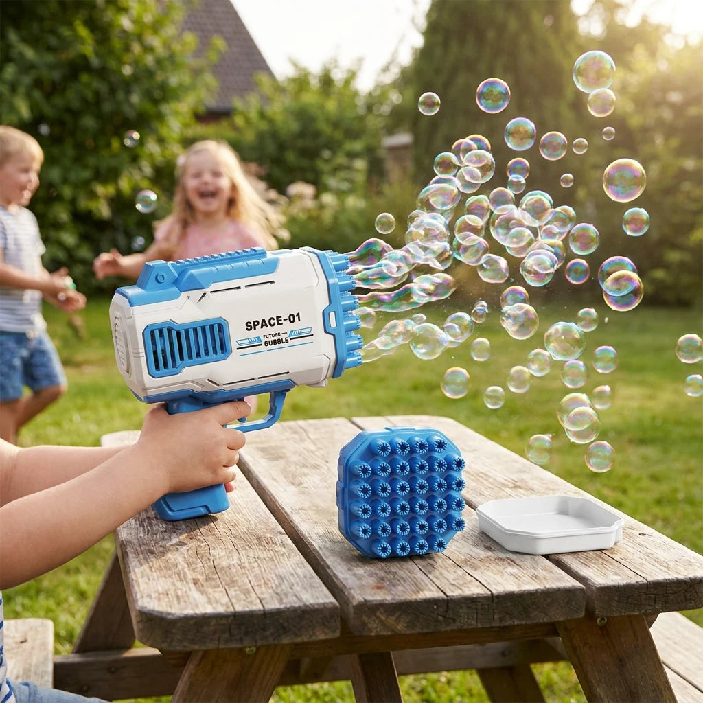 Draagbare - handzame automatische zeepbellenspuit - blauw-wit - elektrische zeepbellenspuit