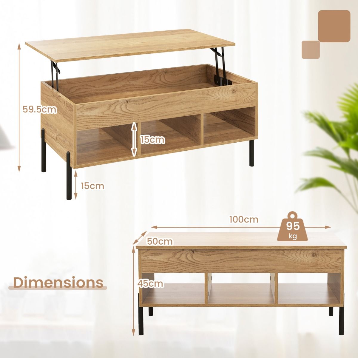 Coast Salontafel In Hoogte Verstelbaar - Verhoogbaar Tafelblad - 3 Open Vakken - Hout Natuur - 100x50x45 cm