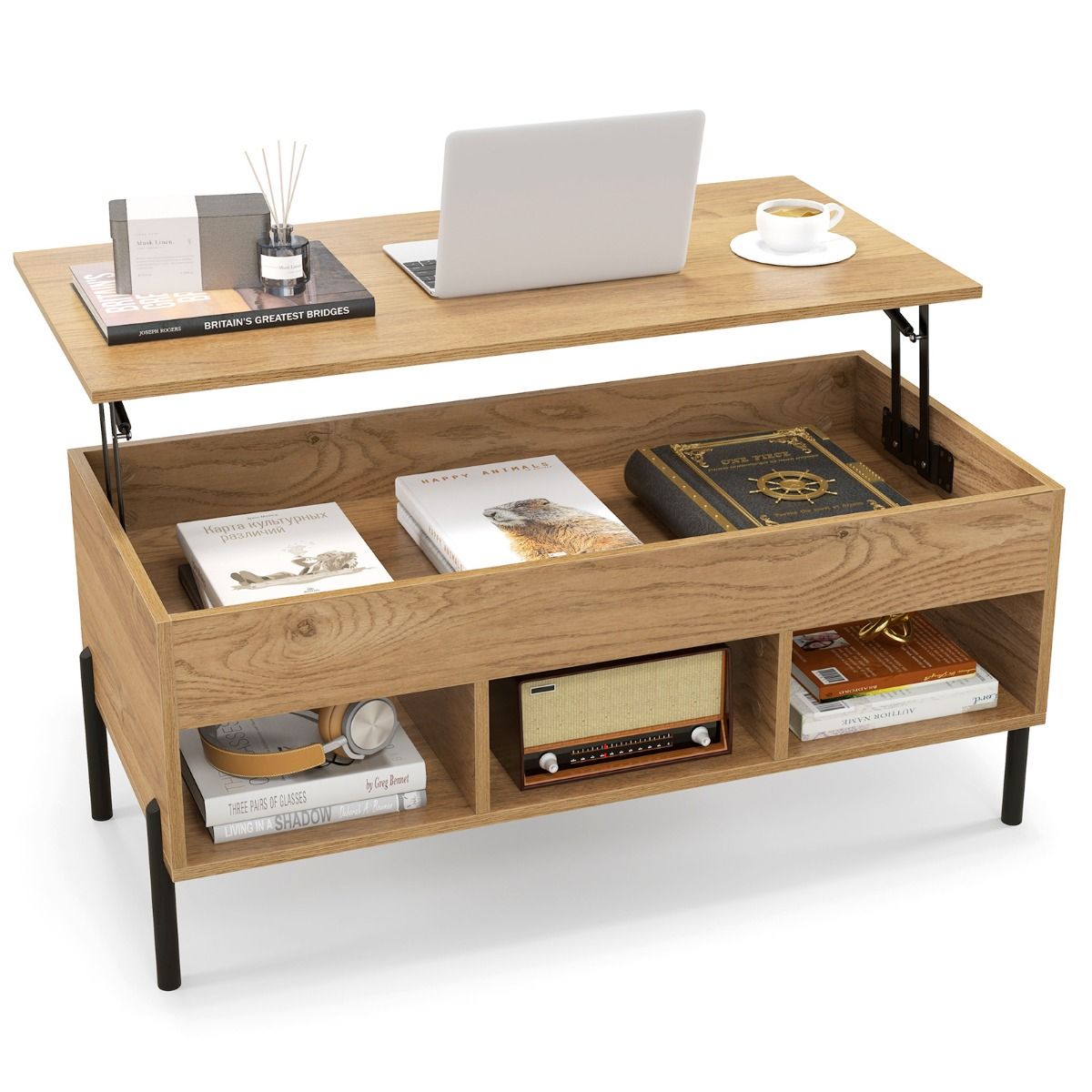 Coast Salontafel In Hoogte Verstelbaar - Verhoogbaar Tafelblad - 3 Open Vakken - Hout Natuur - 100x50x45 cm