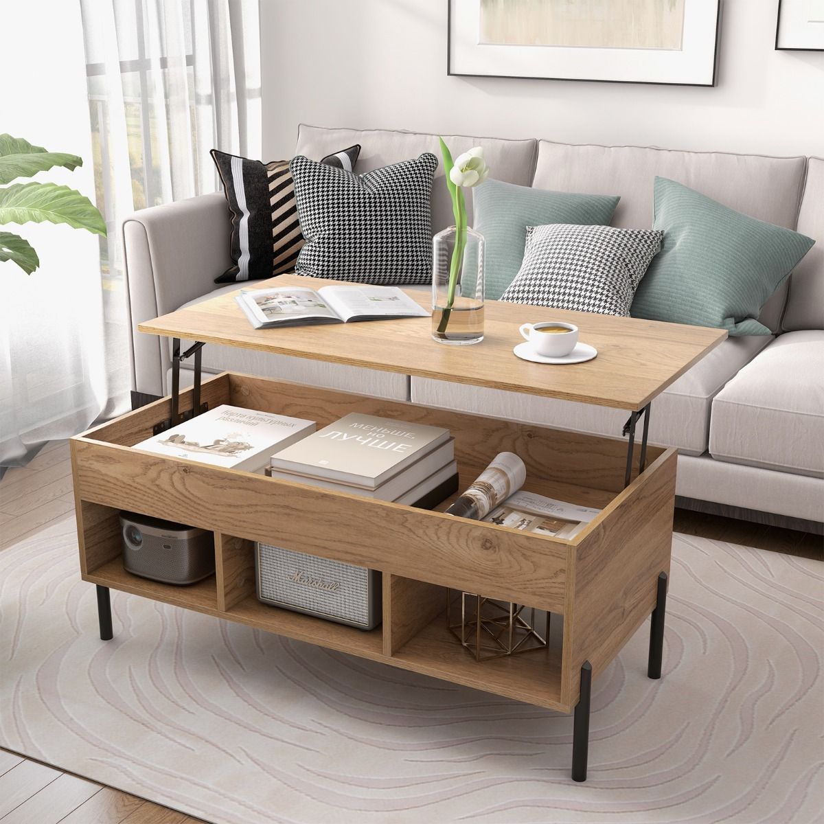 Coast Salontafel In Hoogte Verstelbaar - Verhoogbaar Tafelblad - 3 Open Vakken - Hout Natuur - 100x50x45 cm