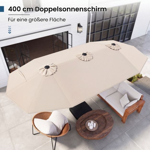 Coast Dubbele Parasol met Standaard – Solar LED en UPF 50+ Zonbescherming 405 x 210 x 225 cm