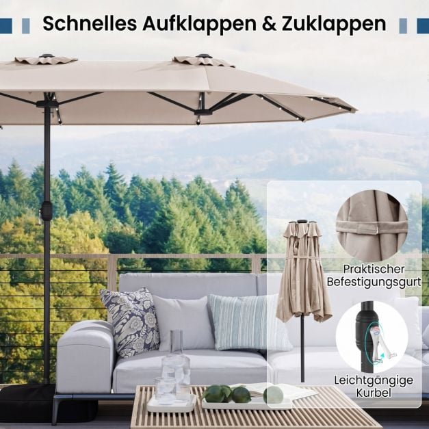 Coast Dubbele Parasol met Standaard – Solar LED en UPF 50+ Zonbescherming 405 x 210 x 225 cm