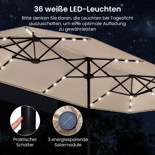 Coast Dubbele Parasol met Standaard – Solar LED en UPF 50+ Zonbescherming 405 x 210 x 225 cm
