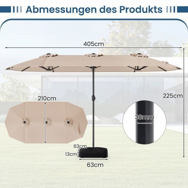 Coast Dubbele Parasol met Standaard – Solar LED en UPF 50+ Zonbescherming 405 x 210 x 225 cm
