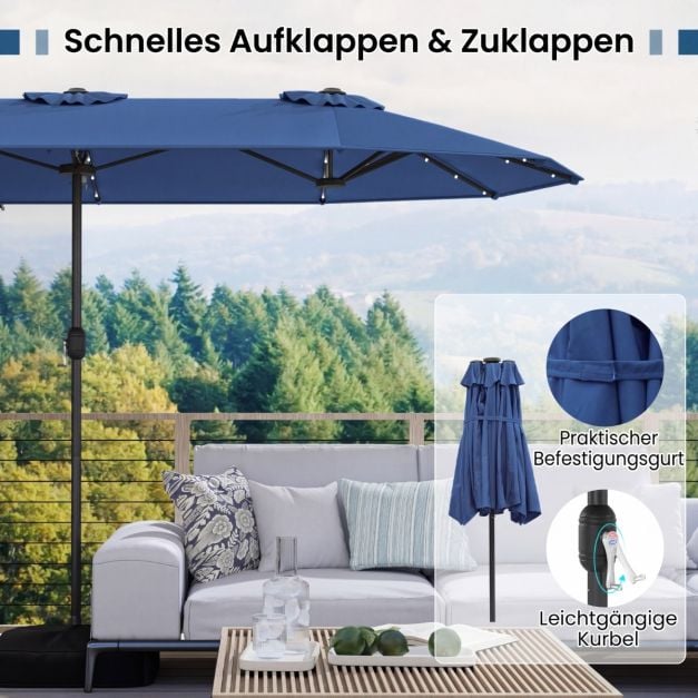 Coast Tuinparasol met Solar LED – Kantelbare Parasol met Slinger en 8 Ribben – Blauw
