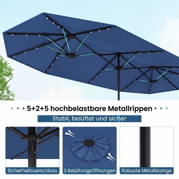 Coast Tuinparasol met Solar LED – Kantelbare Parasol met Slinger en 8 Ribben – Blauw