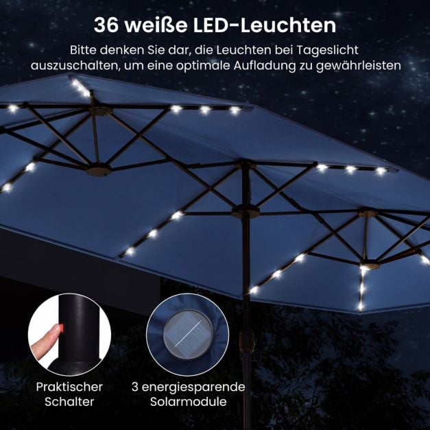 Coast Tuinparasol met Solar LED – Kantelbare Parasol met Slinger en 8 Ribben – Blauw