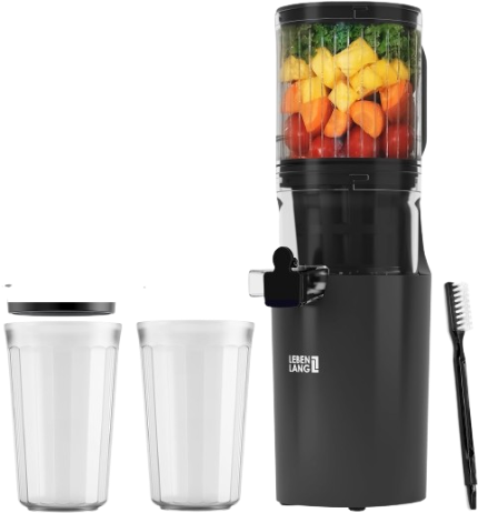 LEBENLANG Slow Juicer Verticaal 17x17x45 cm – Mat Zwart – Grote 120 mm Opening – 300W – 600 ml – BPA-vrij – Voor Hele Vruchten en Groenten
