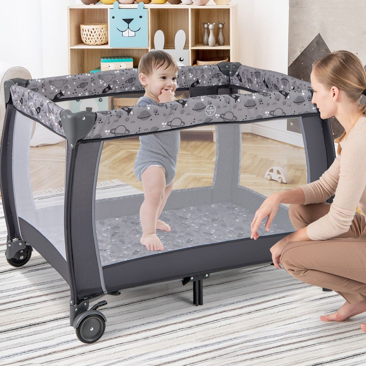 Coast 3-in-1 Reisbedje & Box met Luifel – Grijs, 105 × 79 × 75 cm