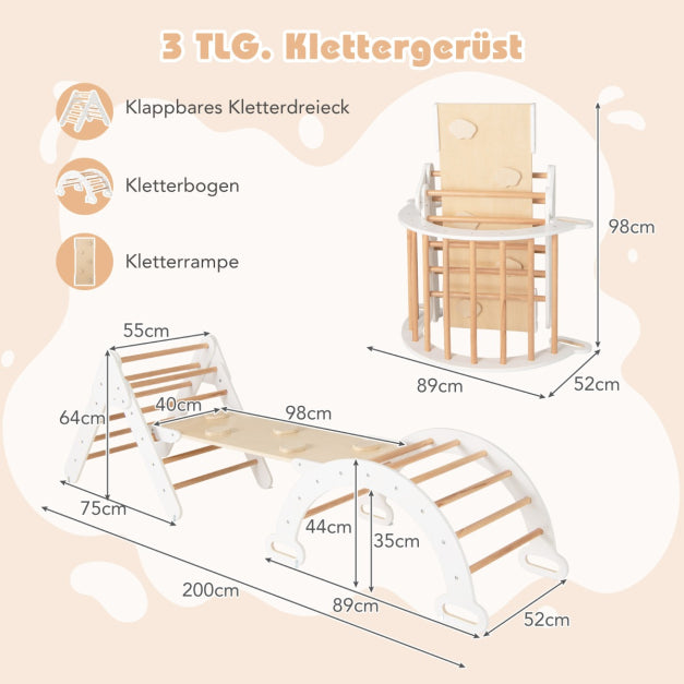 Coast Kletterset – Kletterdreieck 75x55x64 cm, Kletterbogen 89x52x44 cm, Rampe 98x40 cm – Buchenhout, Wit/Naturel