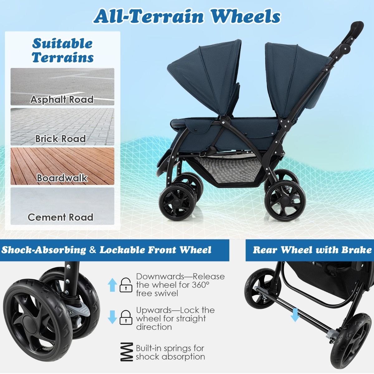 Coast Opvouwbare Dubbele Kinderwagen – Blauw – 123 x 57 x 95-110 cm – Verstelbare Rugleuningen & Duwbeugel – 5-Punts Veiligheidsgordels